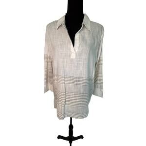 Vineyard Vines White Beige Striped Tunic Blouse Coastal  Linen Blend Classic LG
